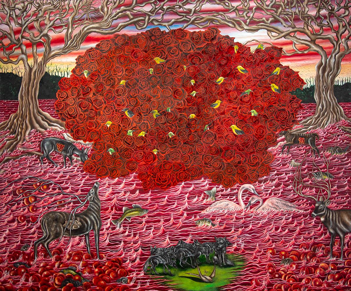 Jacqueline Bishop's surrealistic painting of a red land filled with emaciated-looking animals