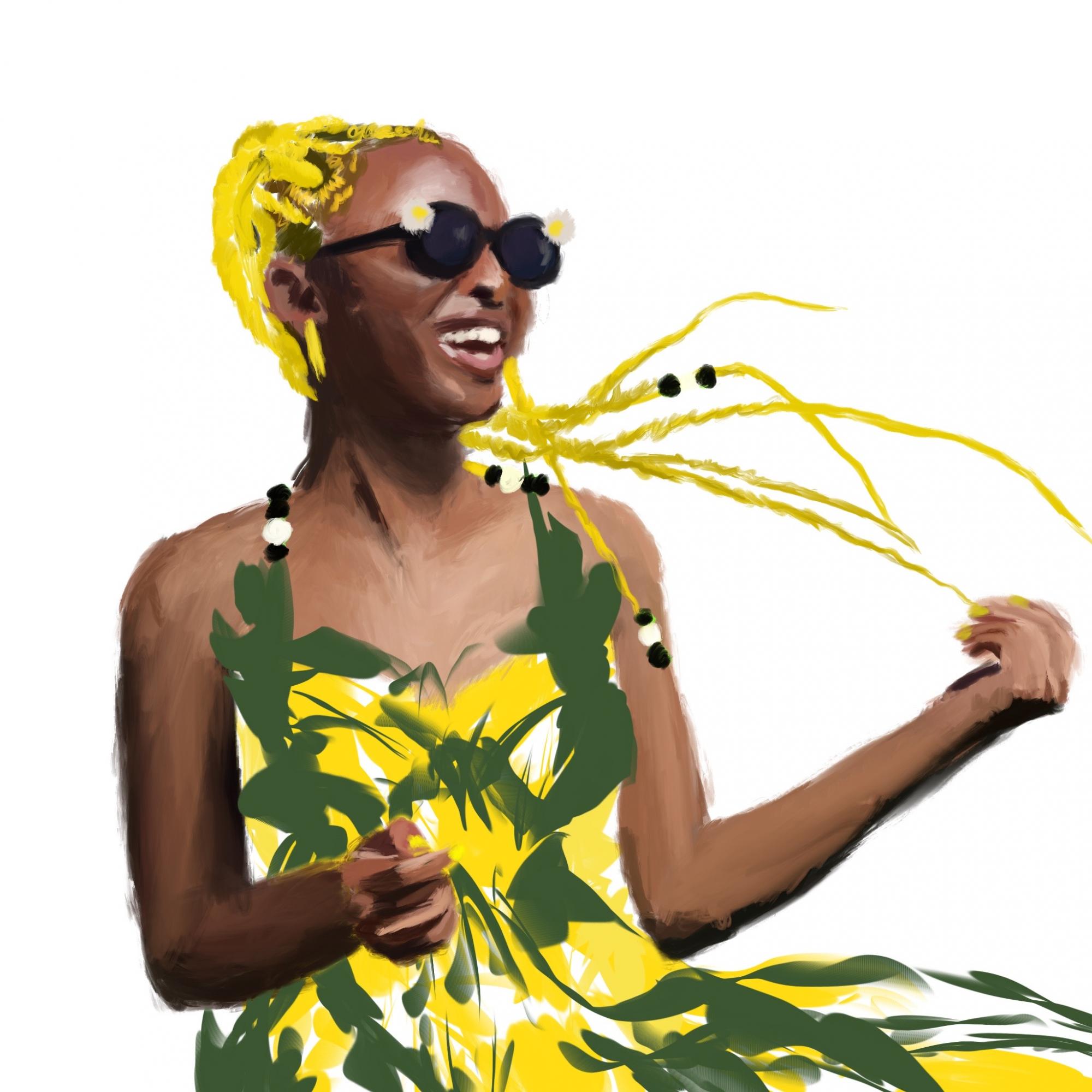 Black girl laughing and dancing in yellow braids and sundress