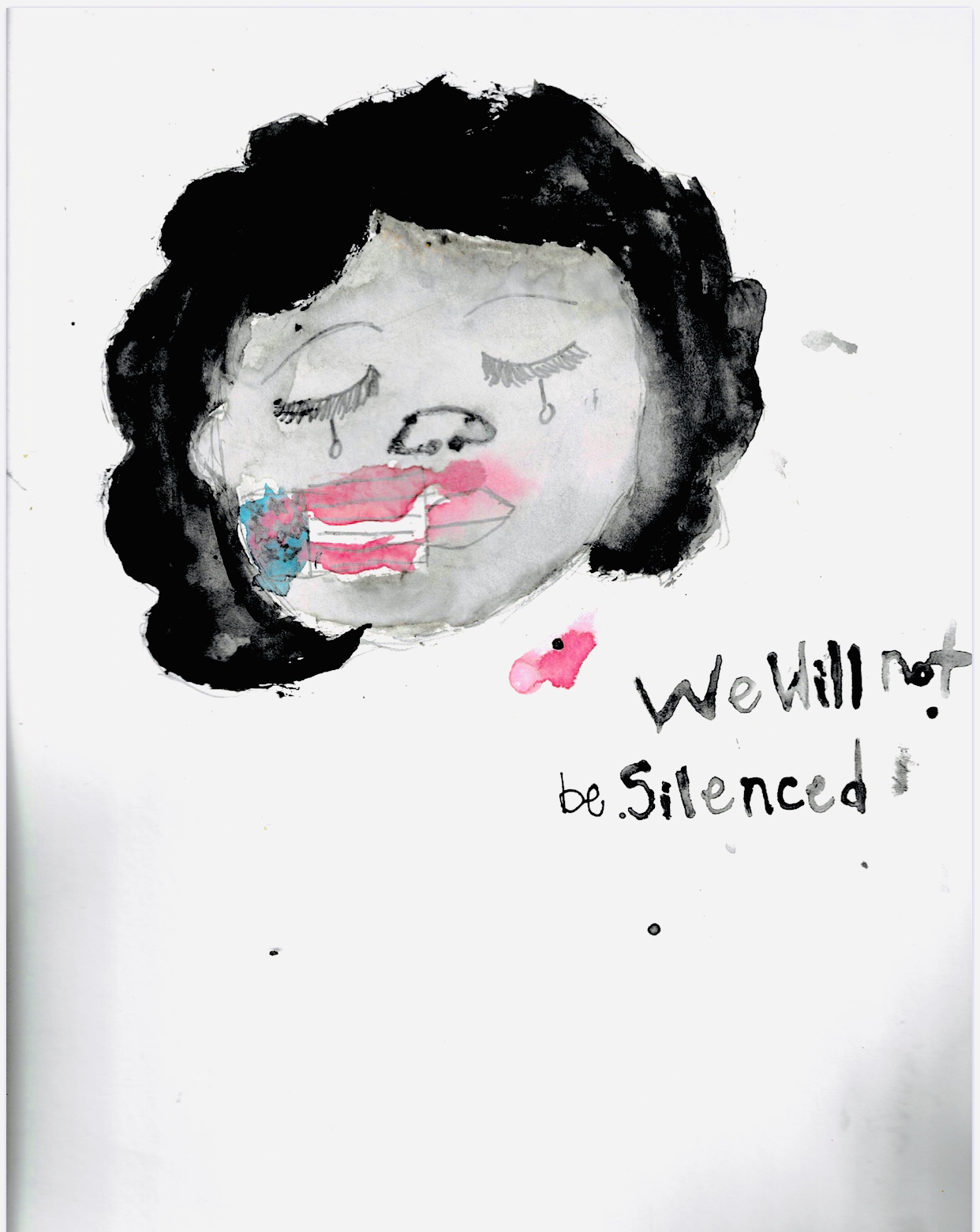 Digital image of a woman with a teardrop and text reading 'We will not be silenced'