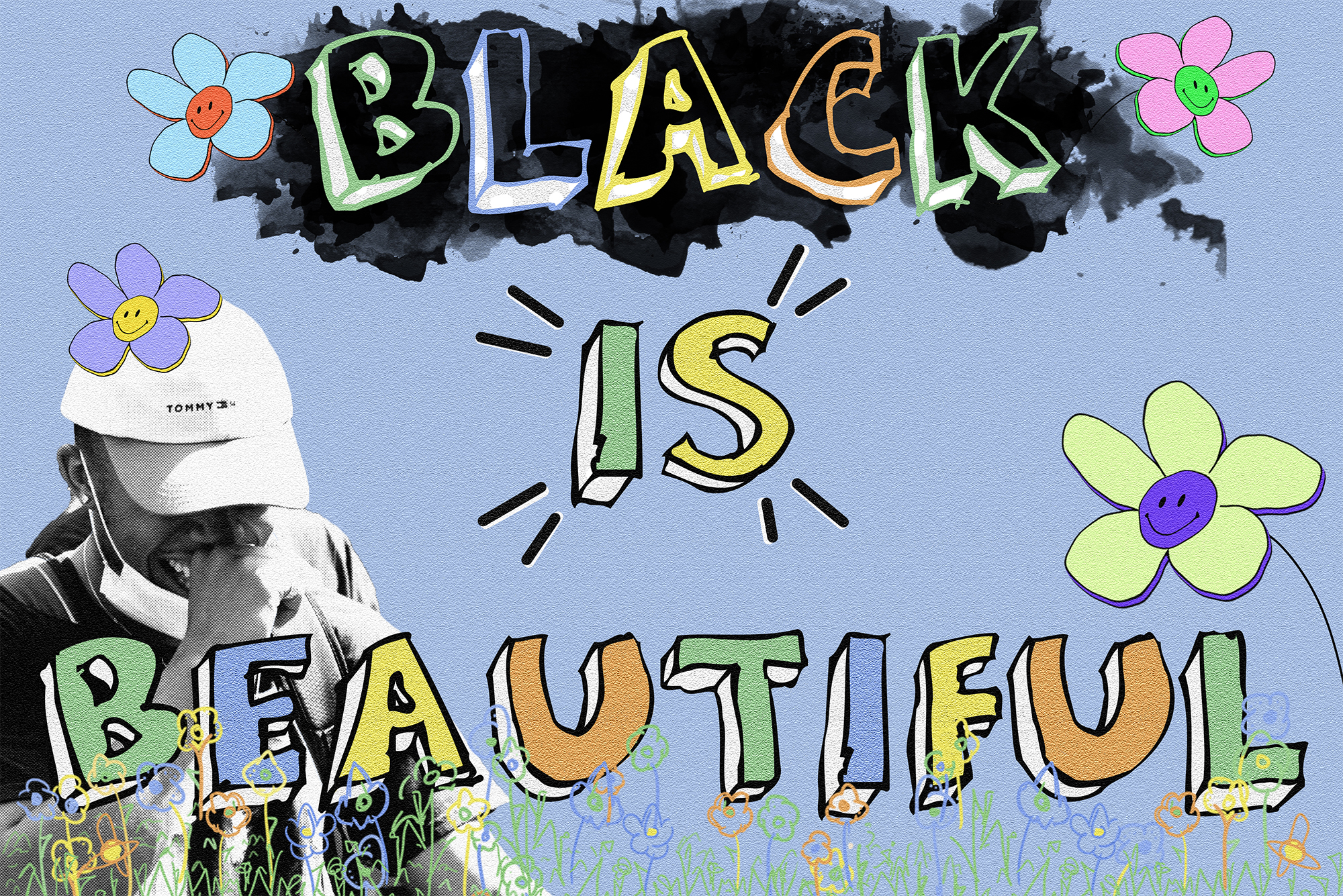 This image is a digital composite of an African American male laughing. The words "Black is Beautiful" are titled in a colorful font. 