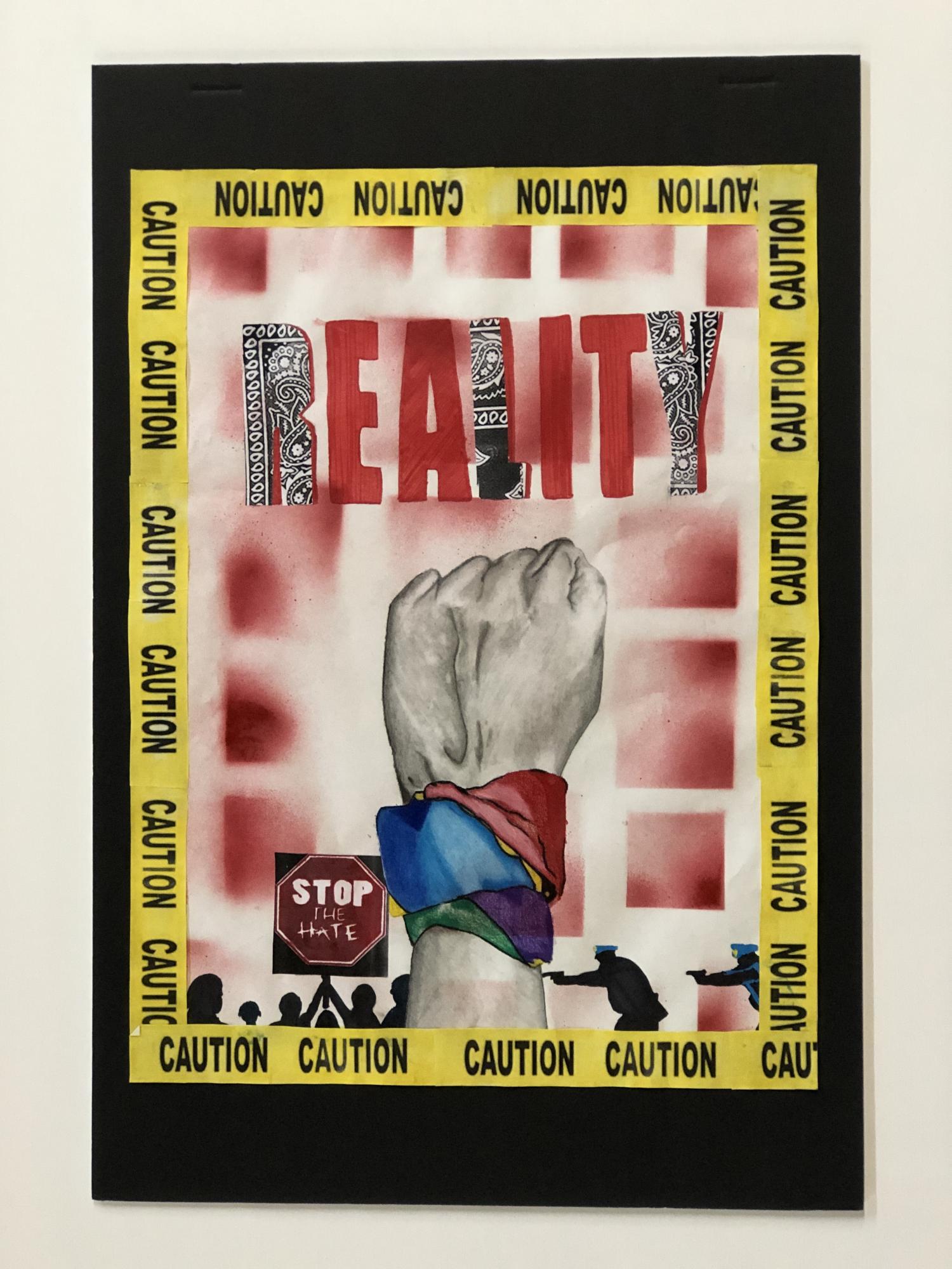Mixed media piece with central fist under the word reality; the image is outlined with yellow caution tape