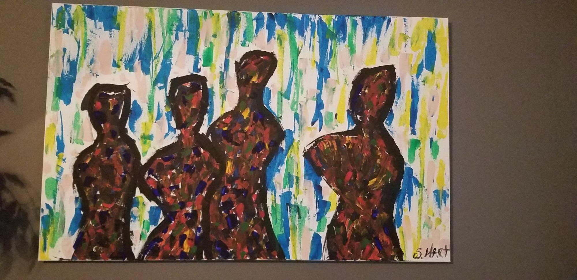 An abstracted group of four figures in shades of black and brown in front of a field of colors