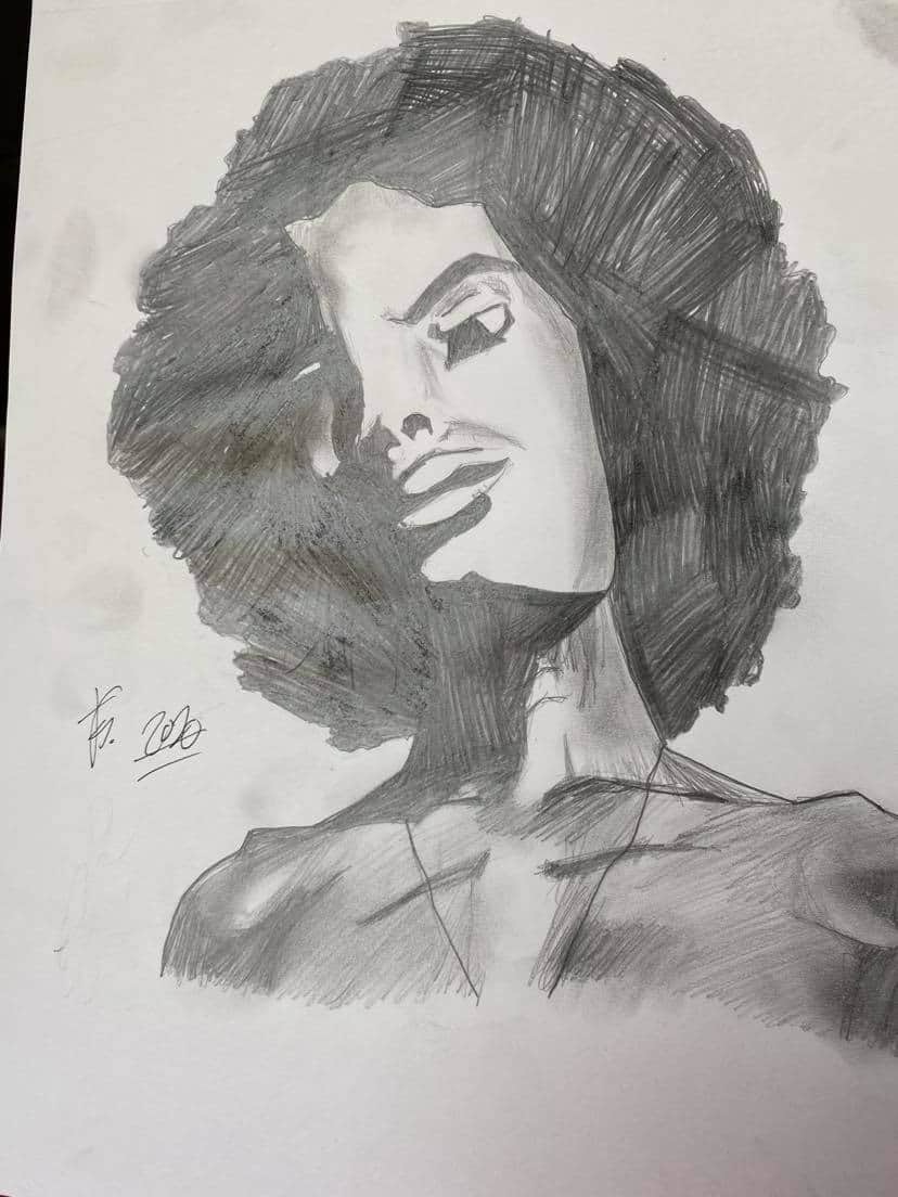Pencil drawing of a Black woman with natural hair