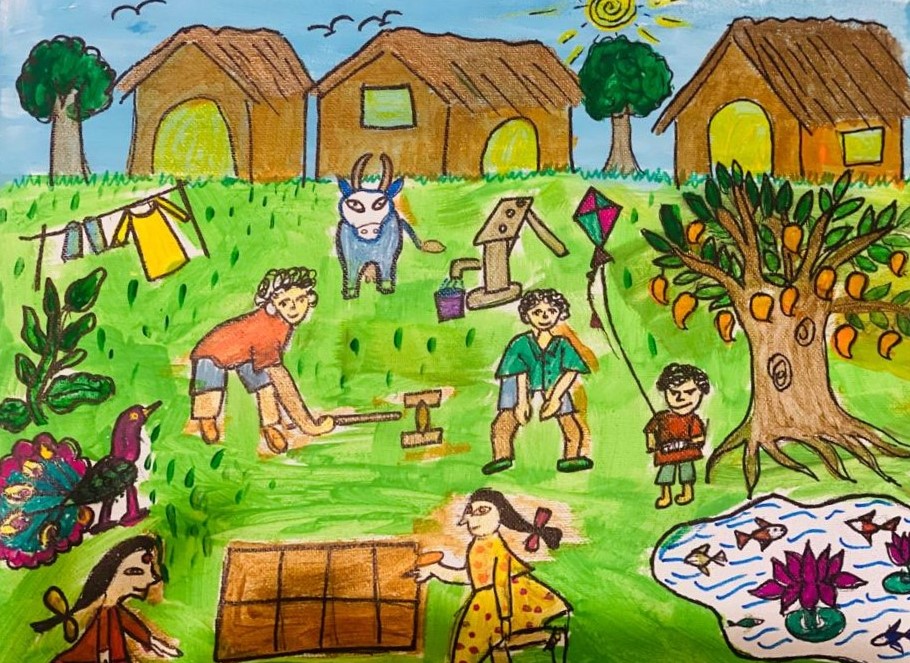 A scene from Indian village of kids playing different games