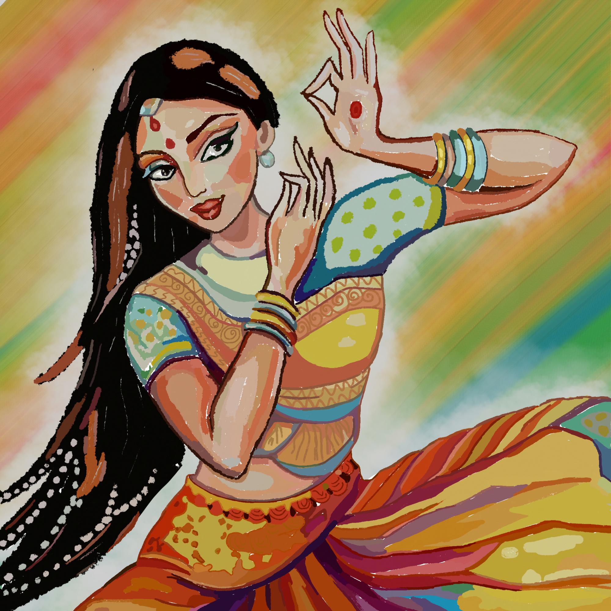 A beautiful women in a colorful dress sits to play the bansuri only to realize its absence. 