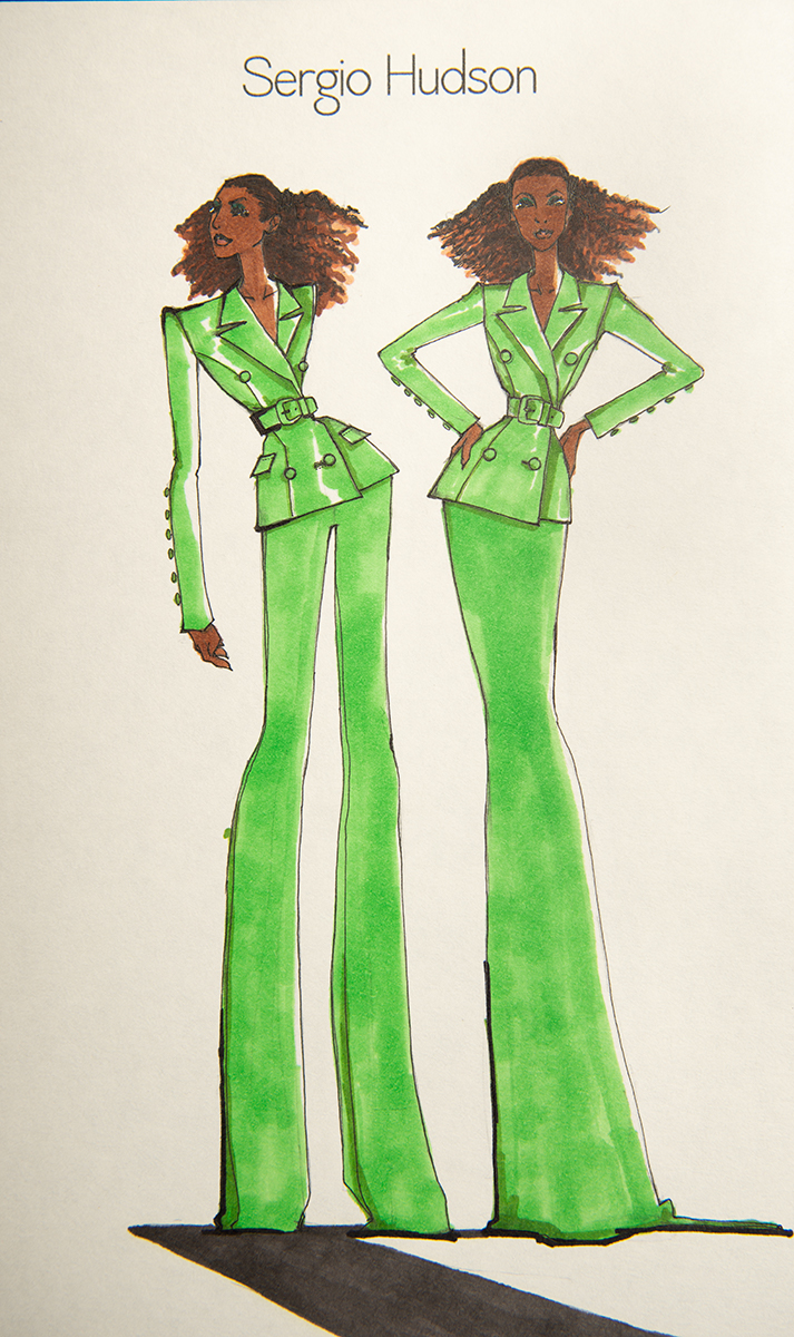 Sketch of a bright green suit with two options, one for pants and one for a skirt