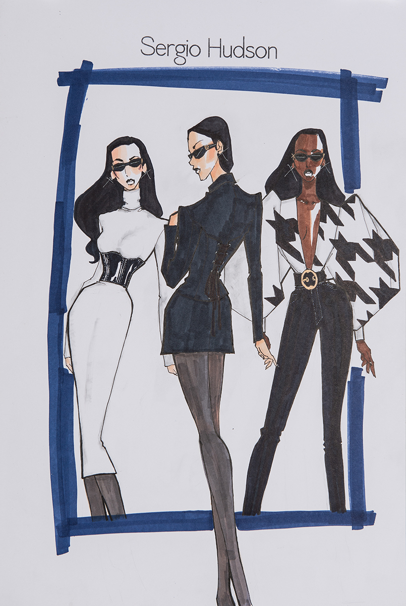 Sketch of three women in black and white garments