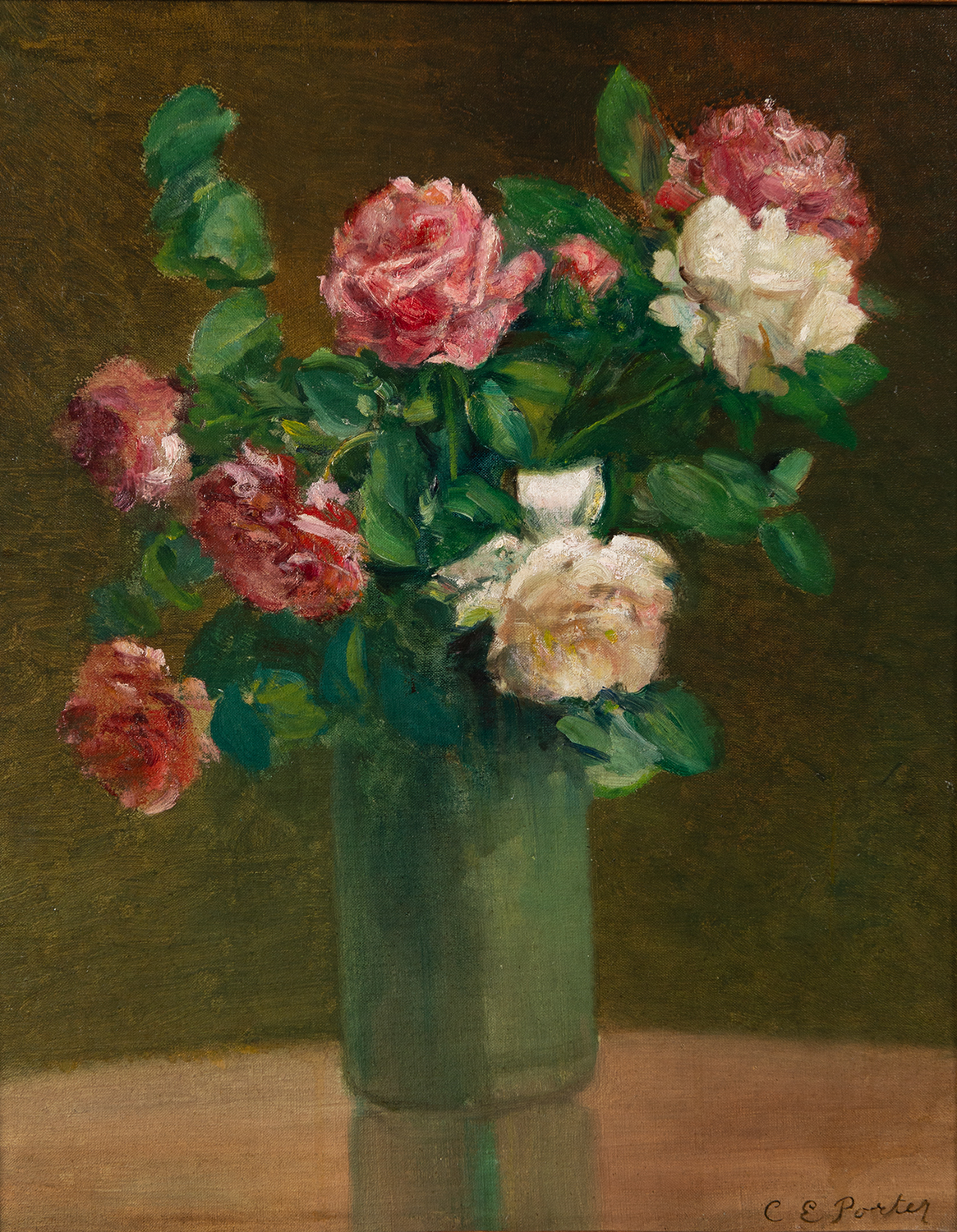 painting of white and pink roses in a green vase