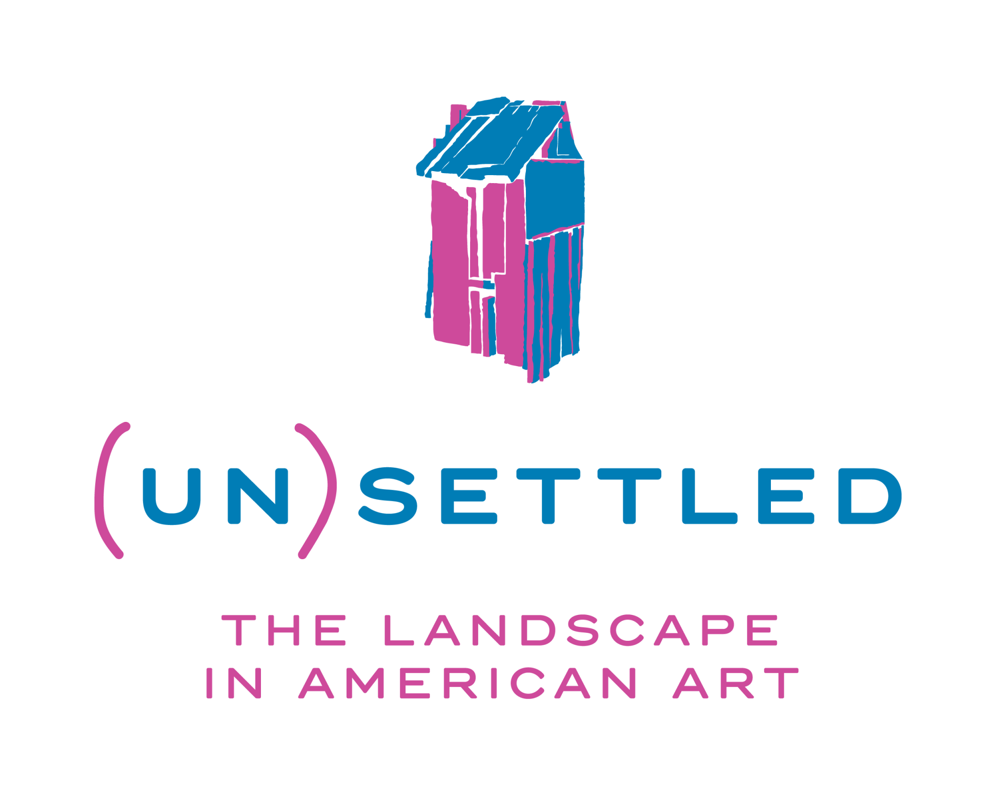 UnSettled exhibition in bright blue and pink including a dilapidated looking cabin