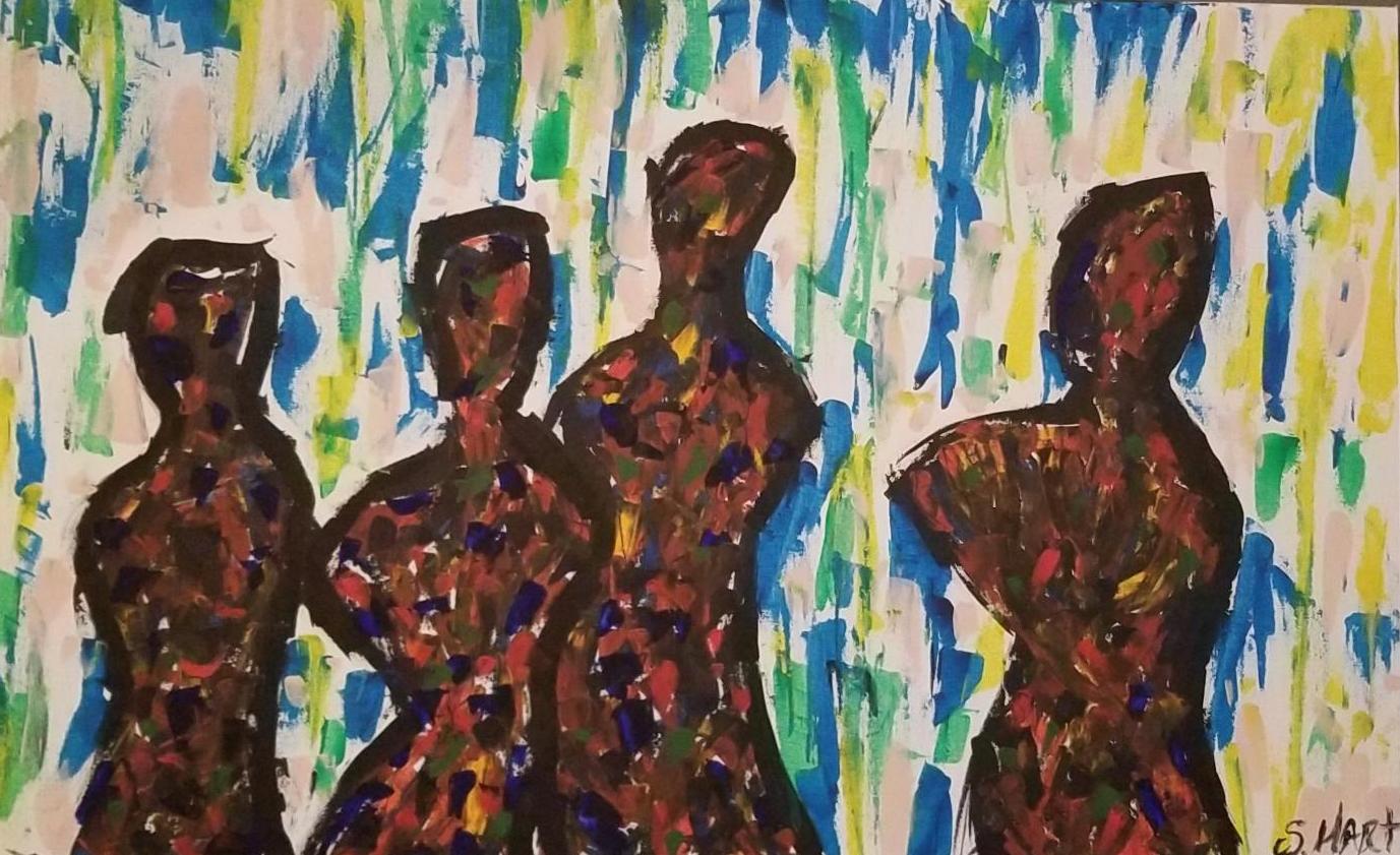 An abstracted group of four figures in shades of black and brown in front of a field of colors