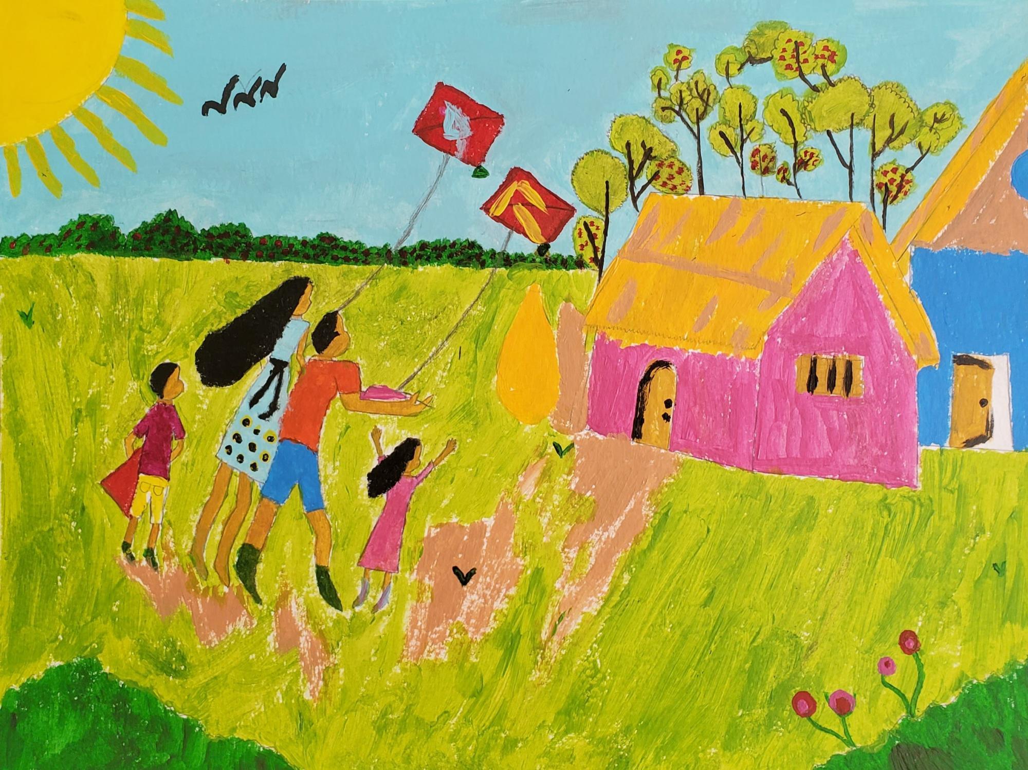 A scenic picture of four kids flying their kites in an open field. In the background you can see their houses and some berry bushes.