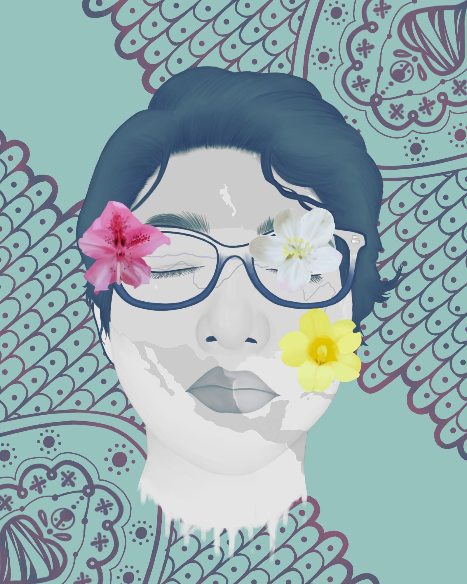 A digital artwork of a face with flowers on it.