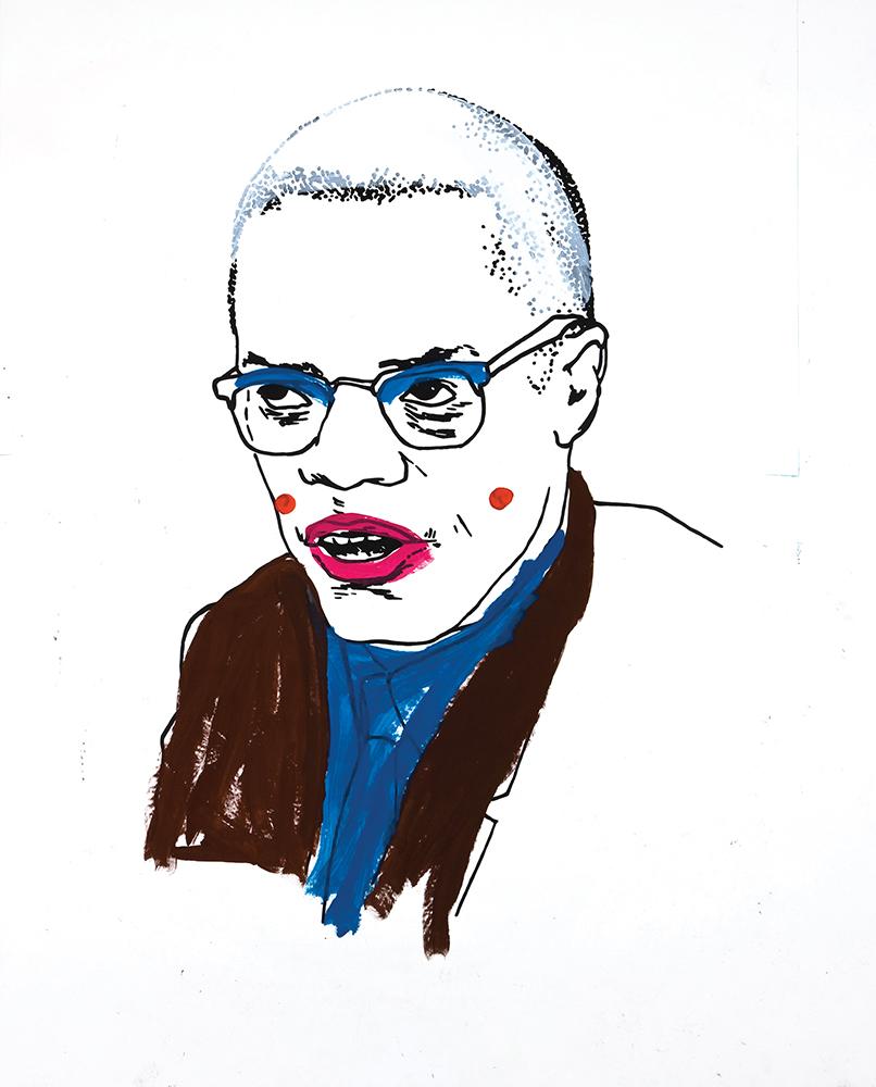 Black and white image of Malcolm X colored in