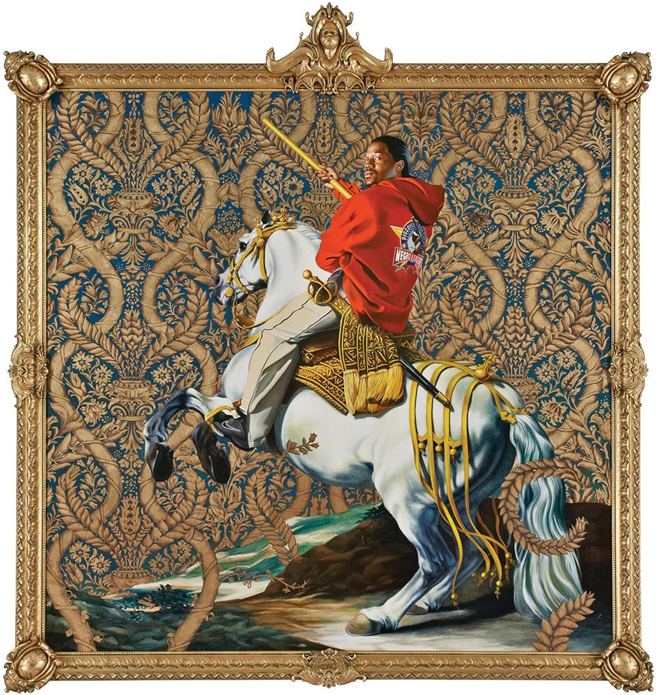 young man in casual streetwear on a horse with elaborate wallpaper background