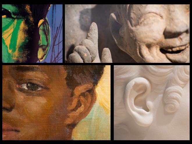 Closeup images of ears from four works of art in the CMA Collection.