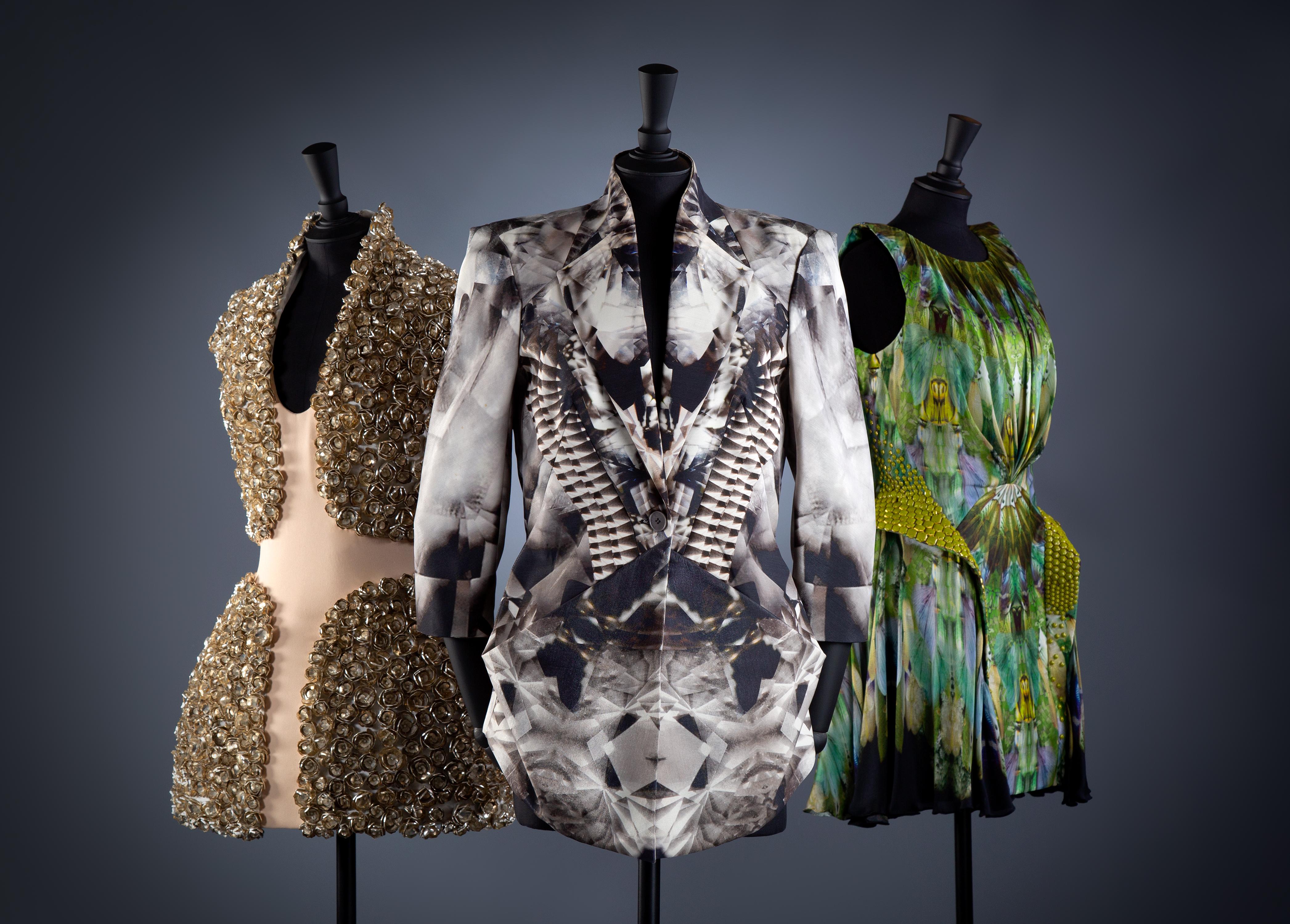 Alexander McQueen Four-panel minidress, crystal kaleidoscopic print blazer, and multicolor silk moth print kaleidoscope dress