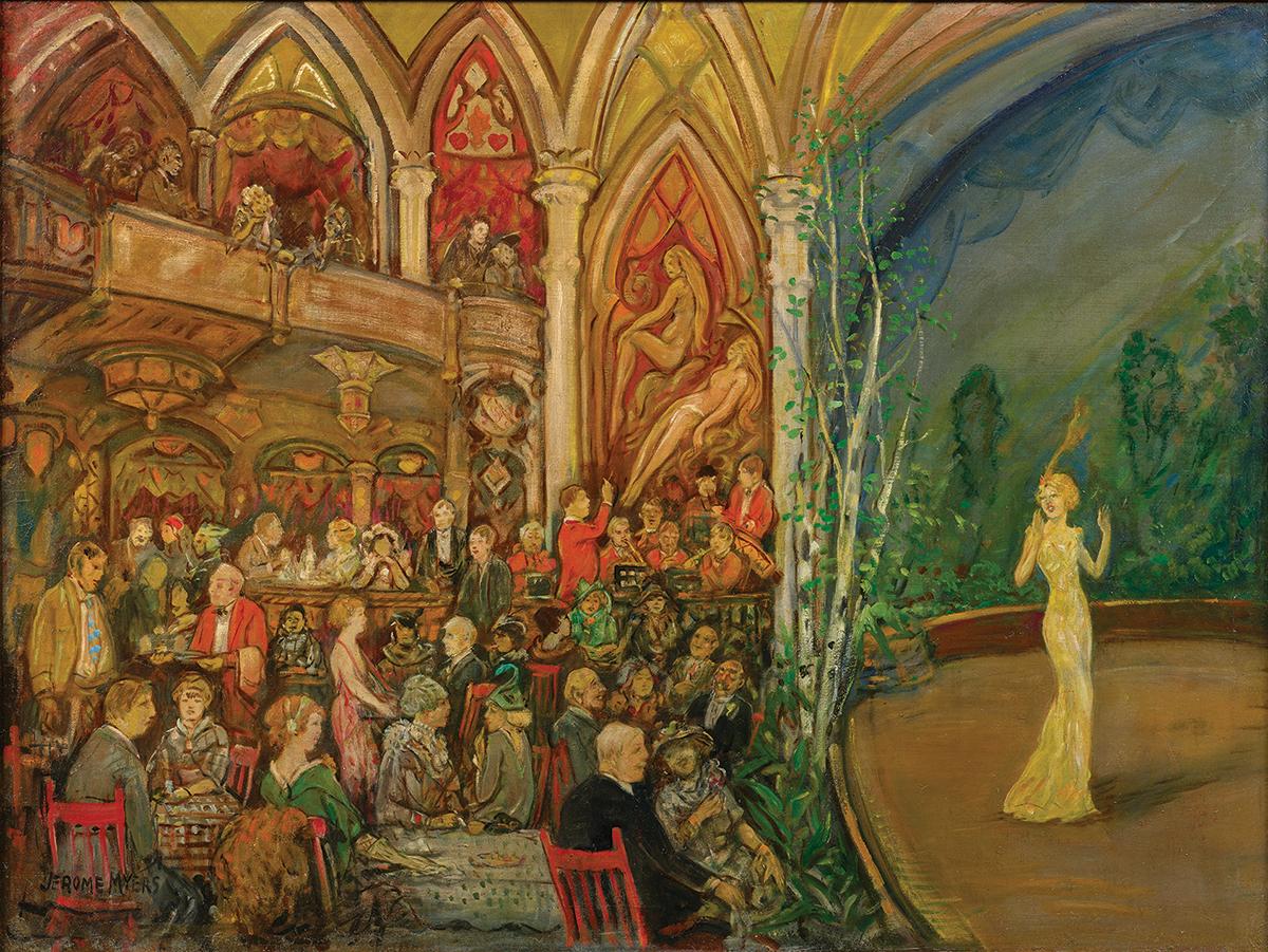 painting of a woman performing onstage in an elegant theater